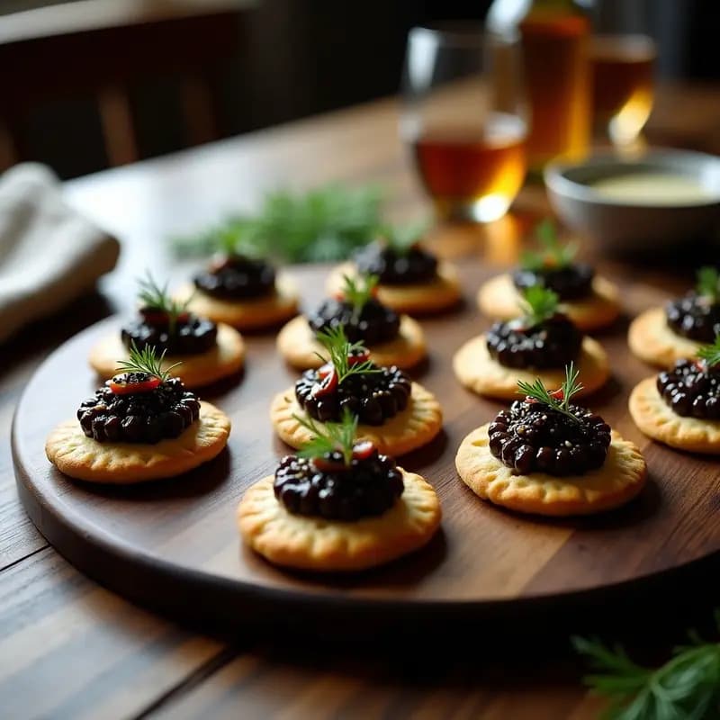 Canapés de blini con caviar de berenjena: Aperitivo ruso vegano y elegante