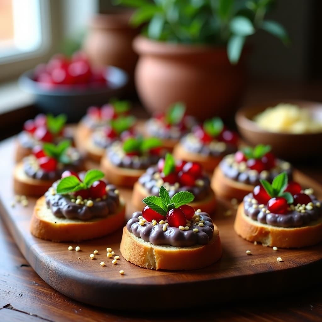Canapés de Pan de Centeno con Crema de Berenjena Ahumada y Granada: Entrante Griego