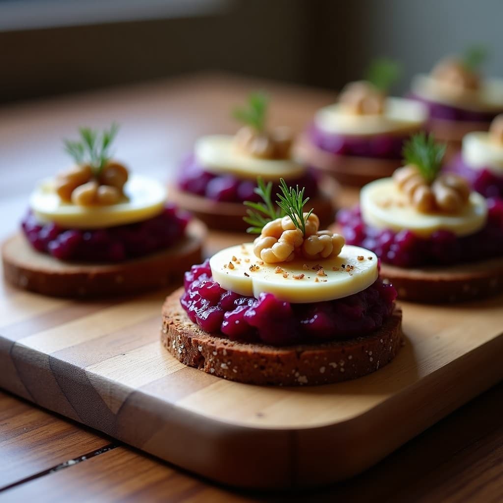 Canapés de Pan de Centeno con Puré de Col Morada y Queso de Oveja: Receta Escandinava Sin Gluten