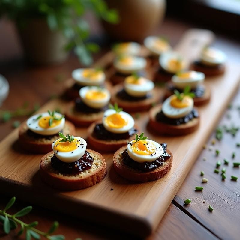 Canapés de Pan de Centeno con Huevo de Codorniz y Caviar de Berenjena: Receta Gourmet
