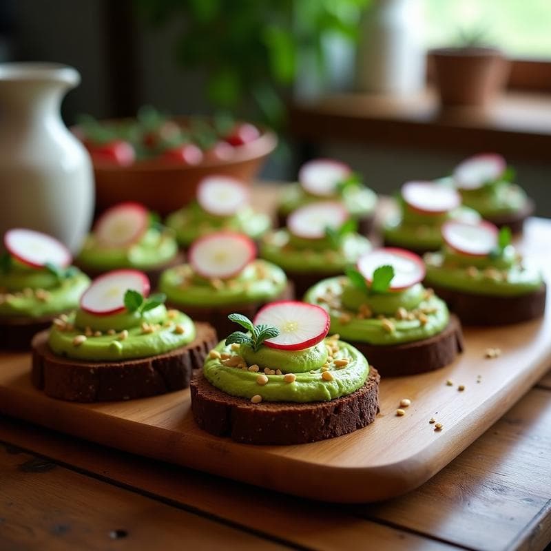 Canapés de Pan de Centeno con Hummus de Guisantes y Rábanos: Aperitivo Vegano Rápido