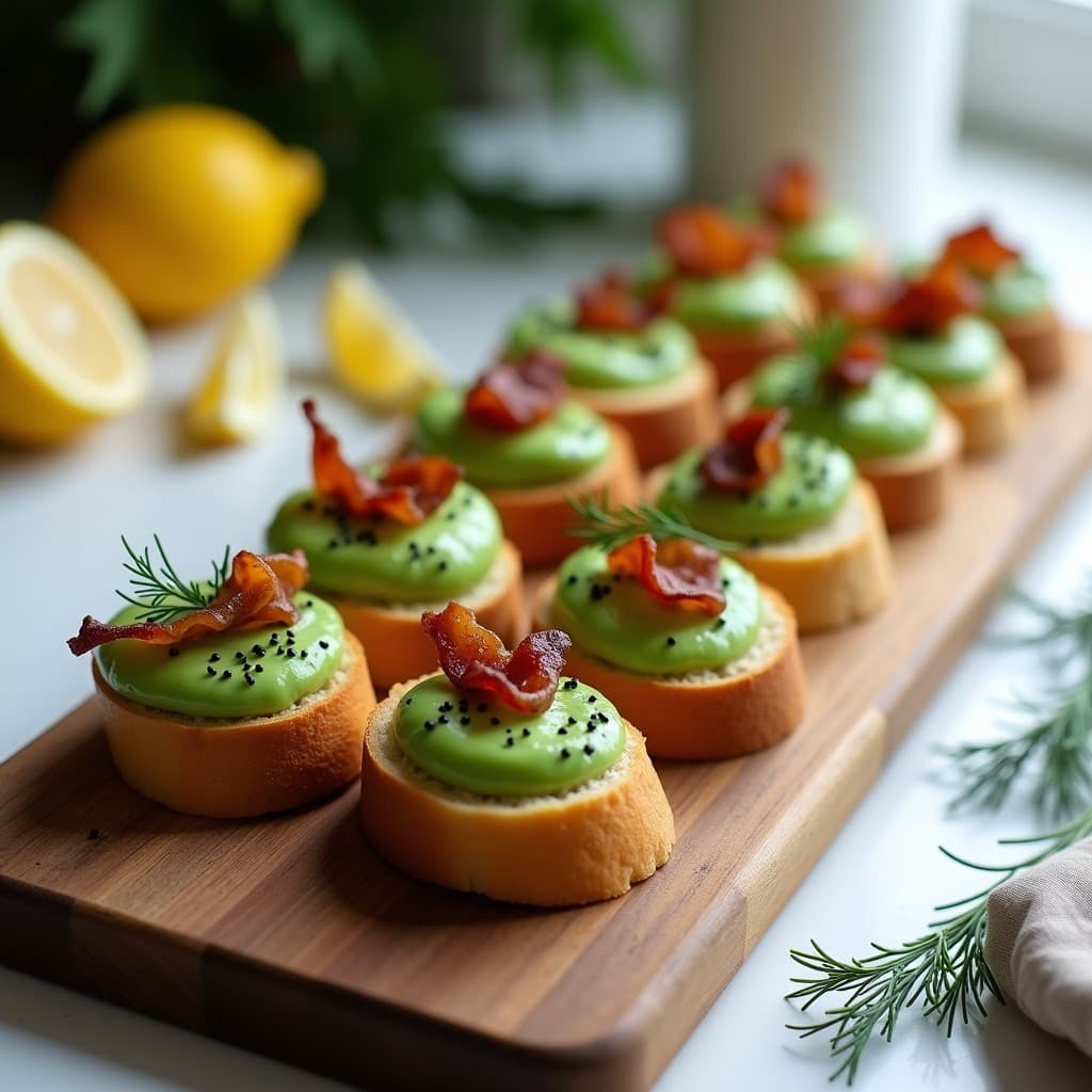 Canapés de Pan de Centeno con Puré de Guisantes y Crujiente de Panceta: Aperitivo Escandinavo en 15 Minutos