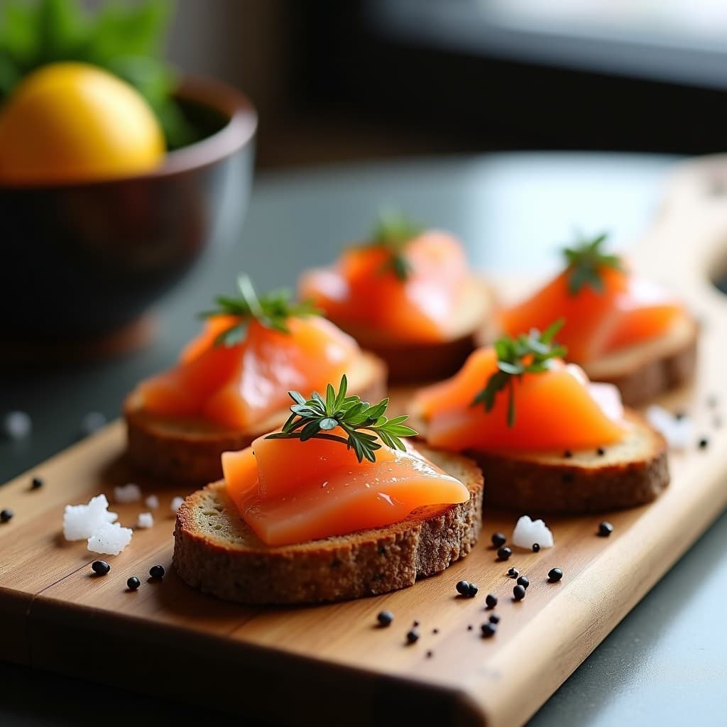 Canapés de Pan de Centeno con Salmón Marinado en Yuzu: Receta Japonesa para Eventos