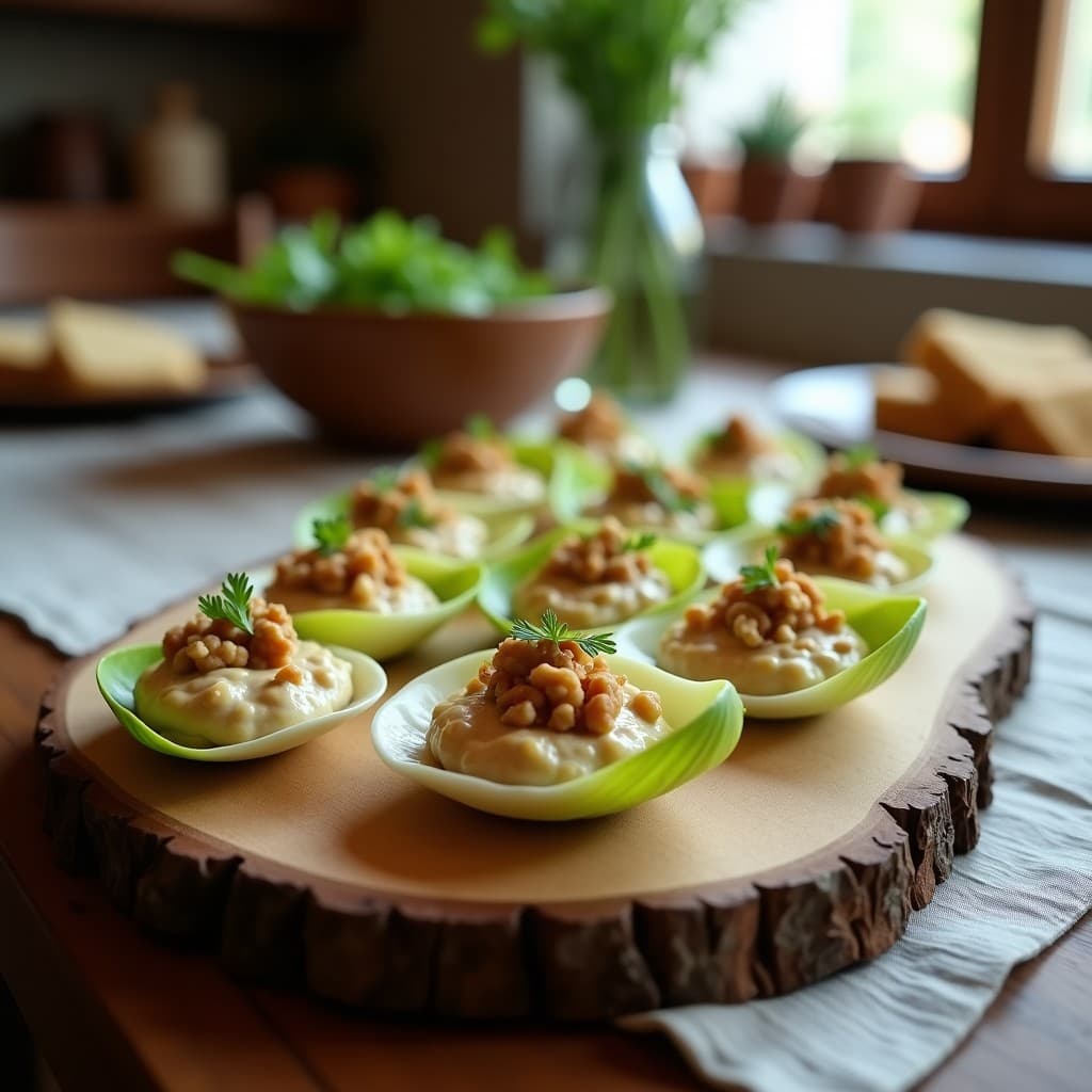 Canapés de Endibia con Brandada de Alcachofa y Nueces: Entrante Francés Vegano y Sin Lácteos