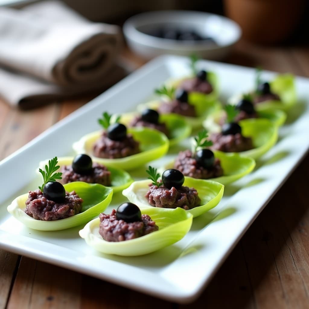 Canapés de Endibia con Paté de Aceitunas Kalamata y Anchoas: Entrante Francés Elegante en 10 Minutos
