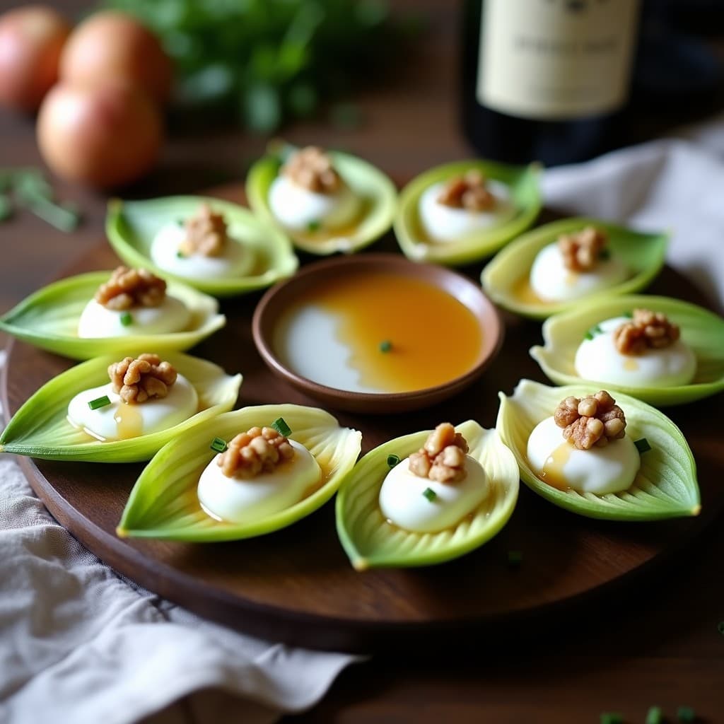 Canapés de Endibia con Crema de Queso Azul y Miel de Castaño: Aperitivo Francés Gourmet