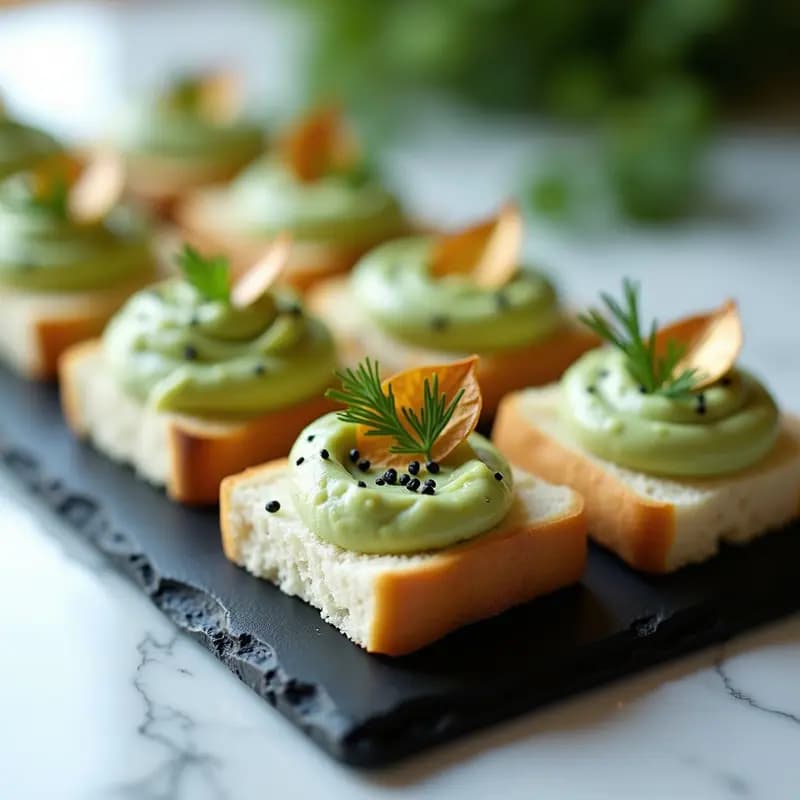 Canapés de Pan de Molde con Hummus de Pepino y Hojas de Oro Comestibles: Entrante Lujoso
