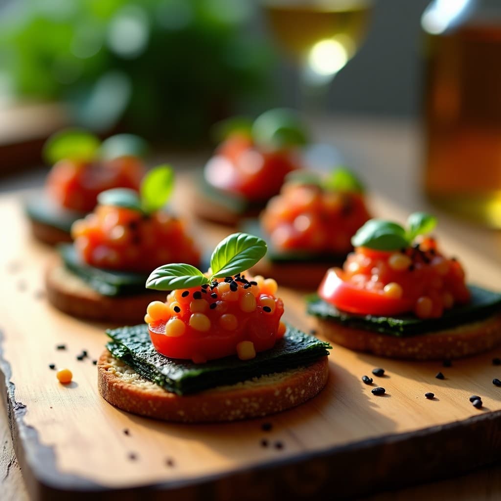 Canapés de Pan de Algas con Tartar de Tomate y Anchoas Veganas: Receta Gourmet Sin Gluten