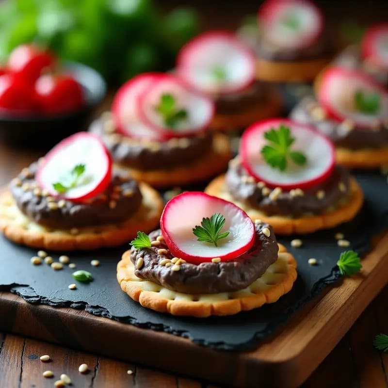 Canapés de Pan de Arroz con Hummus de Habas Negras y Rabanitos: Entrante Libanés Sin Gluten