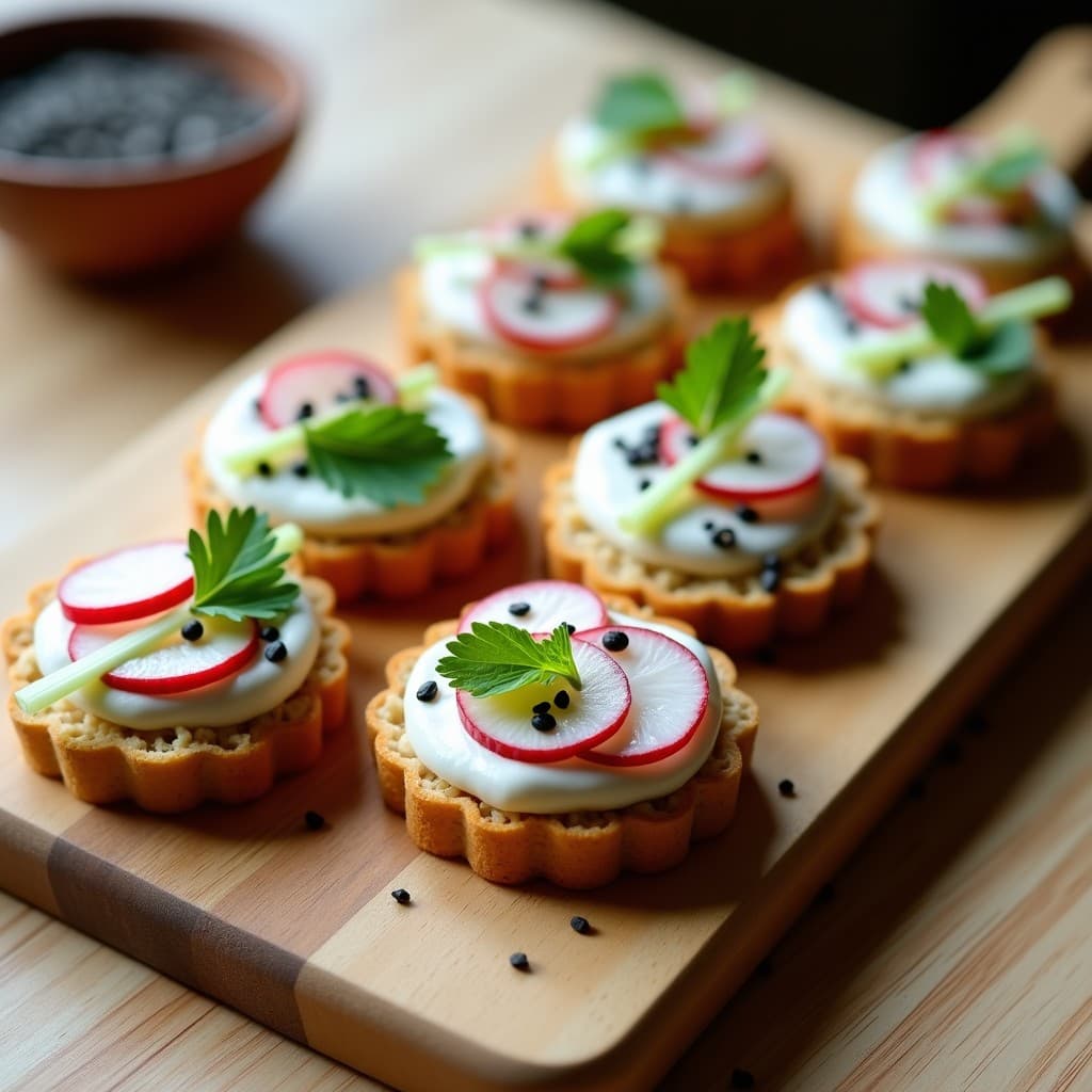 Canapés de Pan de Avena con Crema de Rábanos y Semillas de Amapola: Aperitivo Crudivegano en 15 Minutos