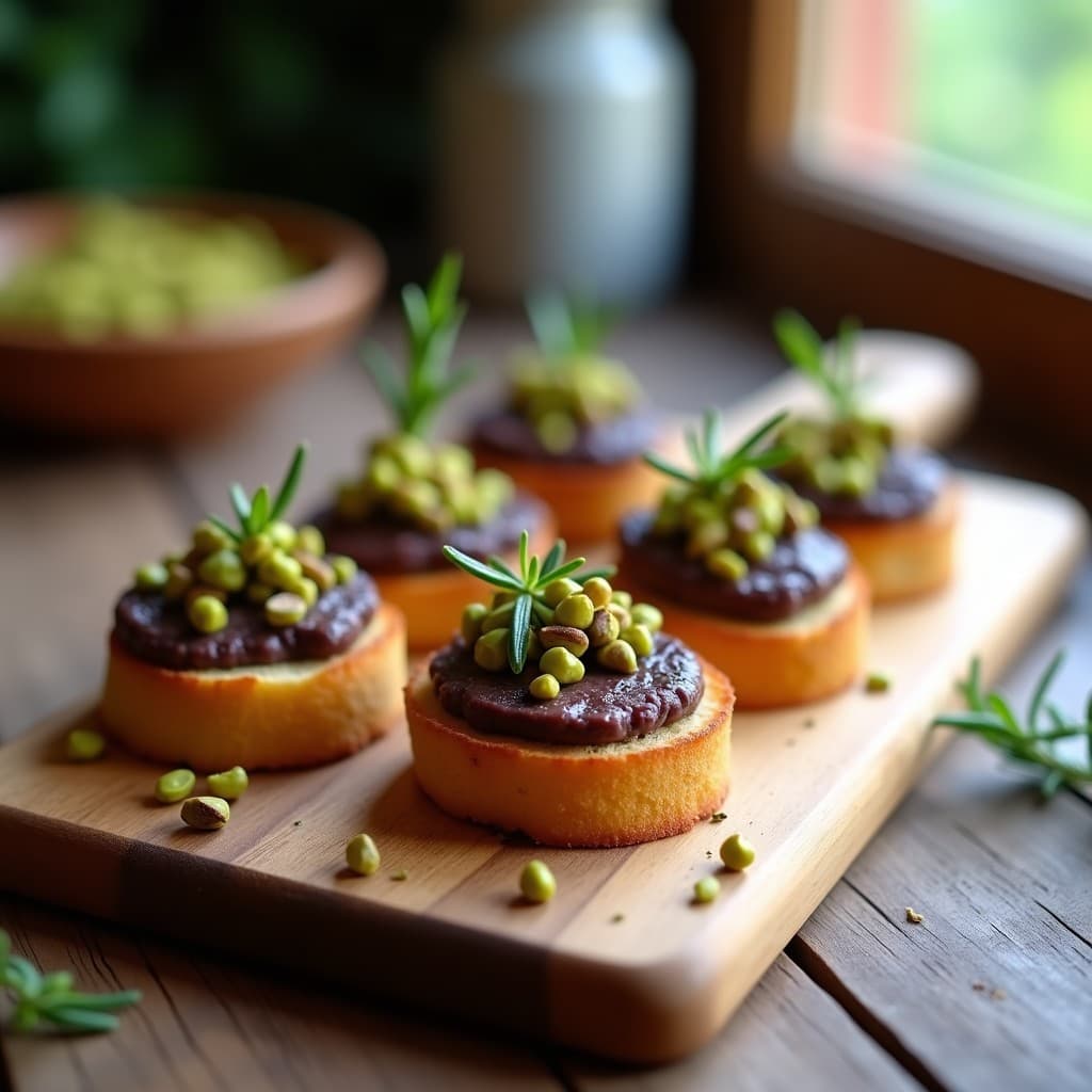 Canapés de Pan de Castaña con Mortadela de Berenjena y Pistacho: Receta Sin Gluten