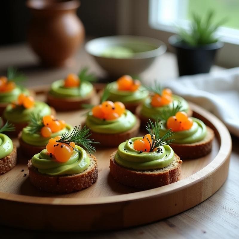 Canapés de Pan de Centeno con Crema de Aguacate y Huevas de Trucha: Entrante Escandinavo en 15 Minutos