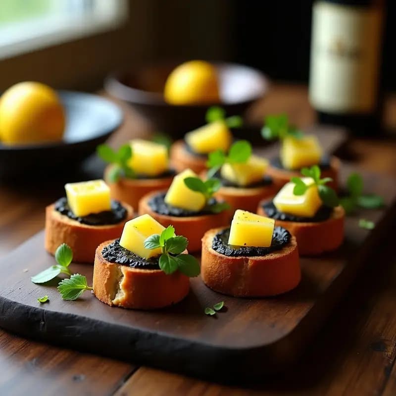 Canapés de Pan de Centeno con Pâté de Aceitunas Negras y Gelée de Limón: Aperitivo Francés Innovador