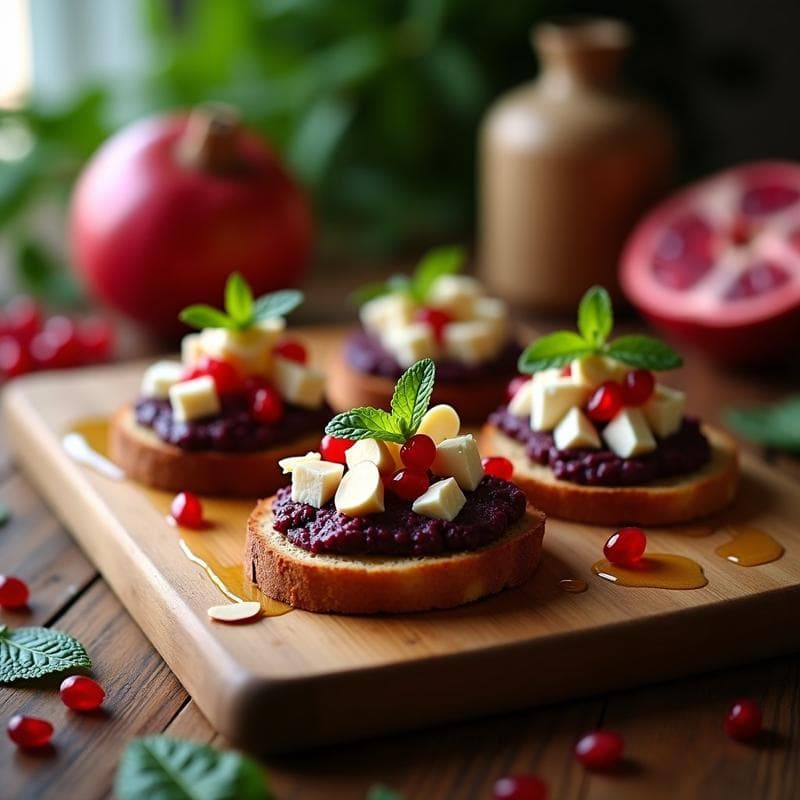 Canapés de Pan de Centeno con Paté de Aceitunas Kalamata y granada: Receta Griega Gourmet