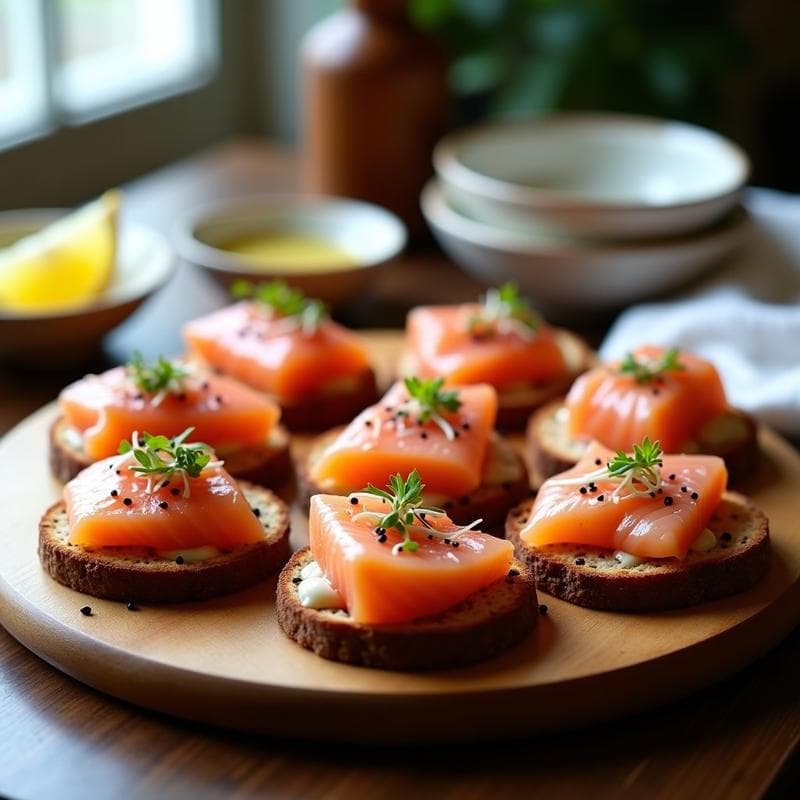 Canapés de Pan de Centeno con Salmón Marinado en Miso: Aperitivo Escandinavo en 10 Minutos