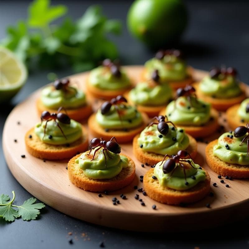 Canapés de Pan de Insectos con Guacamole y Hormigas Culonas: Aperitivo Colombiano Innovador