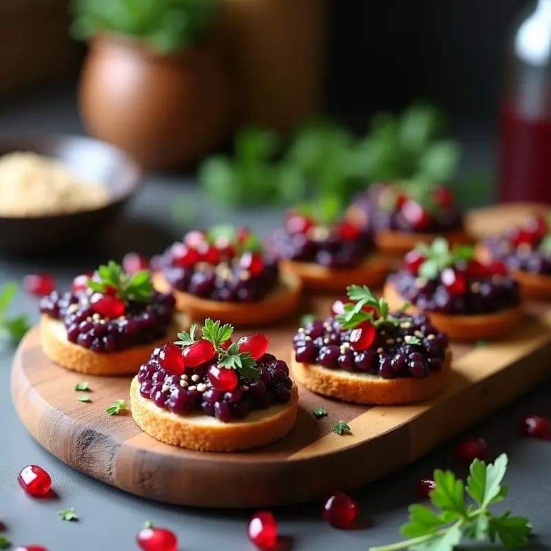 Canapés de Pan de Lino con Caviar de Berenjena y Granadina: Aperitivo Vegano Crudivegano en 10 Minutos