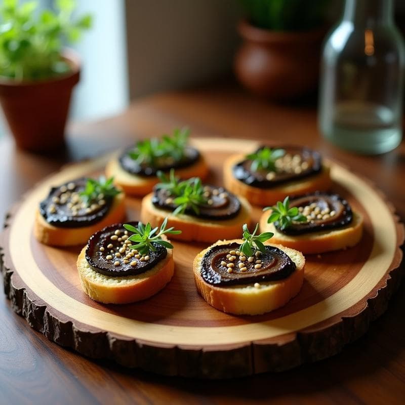 Canapés de Pan de Maíz con Paté de Berenjena Asada y Aceite de Trufa: Receta Vegana y Sofisticada