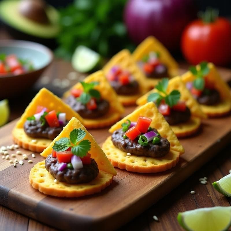 Canapés de Pan de Maíz con Crema de Frijoles Negros y Pico de Gallo: Aperitivo Mexicano Sin Lactosa