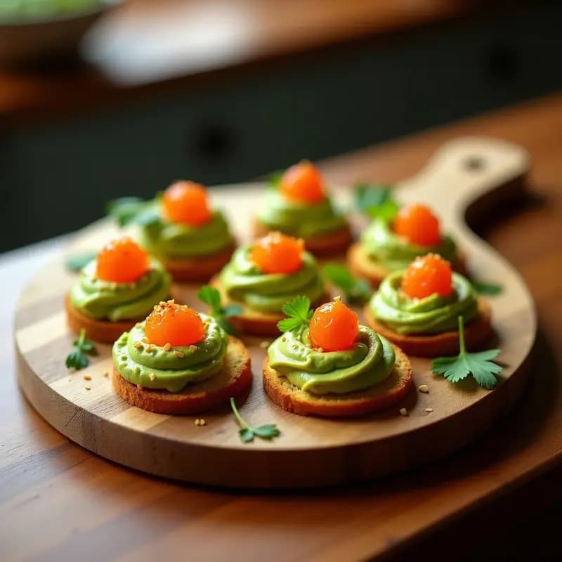 Canapés de Pan de Maíz con Guacamole y Huevas de Trucha: Entrante Colombiano Rápido