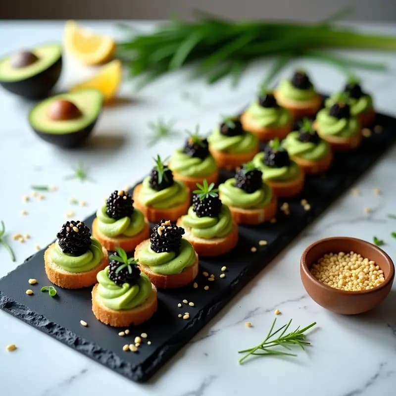 Canapés de Pan de Molde sin Corteza con Crema de Aguacate y Caviar de Berenjena