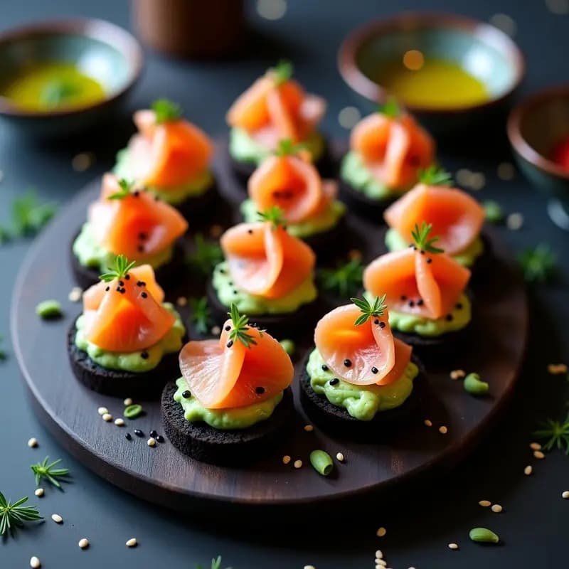 Canapés de Pan de Molde Negro con Salmón Ahumado y Wasabi: Entrante Japonés Moderno