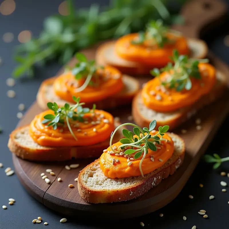 Canapés de Pan de Plata con Hummus de Zanahoria y Germinados: Aperitivo Gourmet y Sin Gluten