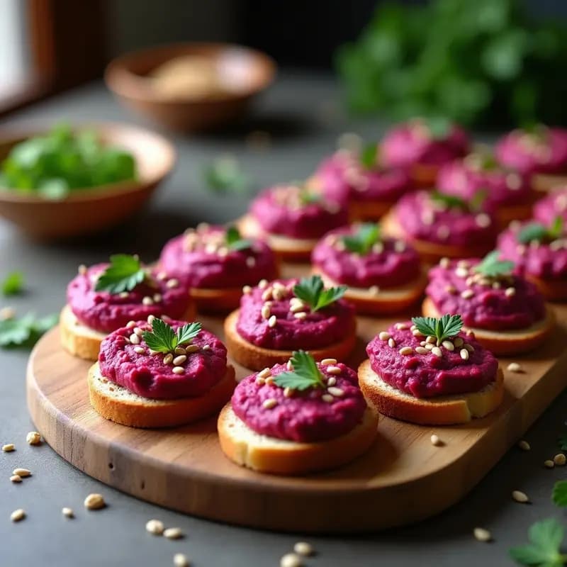 Canapés de Pan de Molde de Remolacha con Paté de Berenjena Ahumada: Aperitivo Visual y Colorido