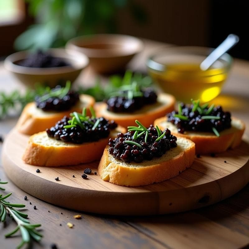 Canapés de Pan de Sorgo con Caviar de Berenjena y Trufa Negra: Aperitivo Gourmet Sin Gluten