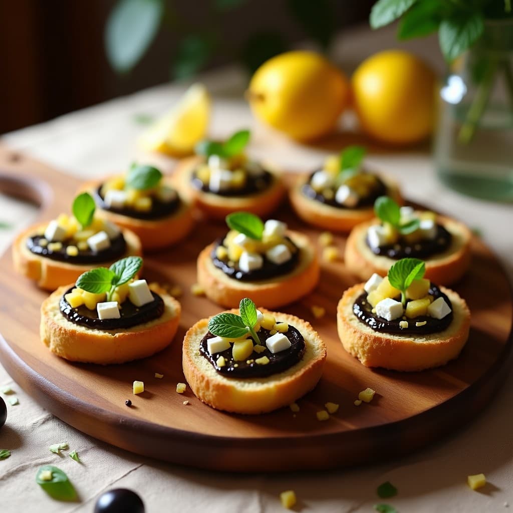 Canapés de Pan de Yuca con Crema de Aceitunas Kalamata y Limón Confitado