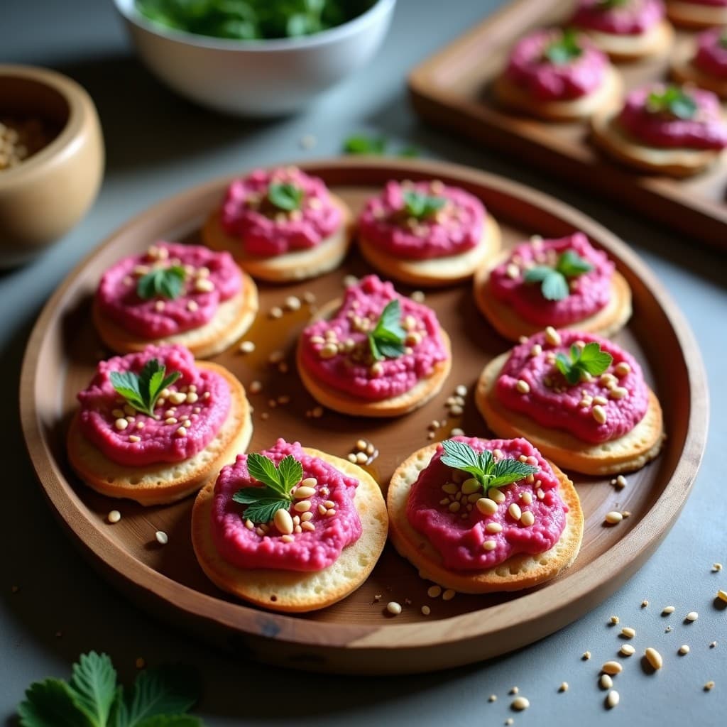 Canapés de Pan de Pita Integral con Hummus de Betabel y Semillas de Sésamo: Entrante Árabe y Sin Gluten