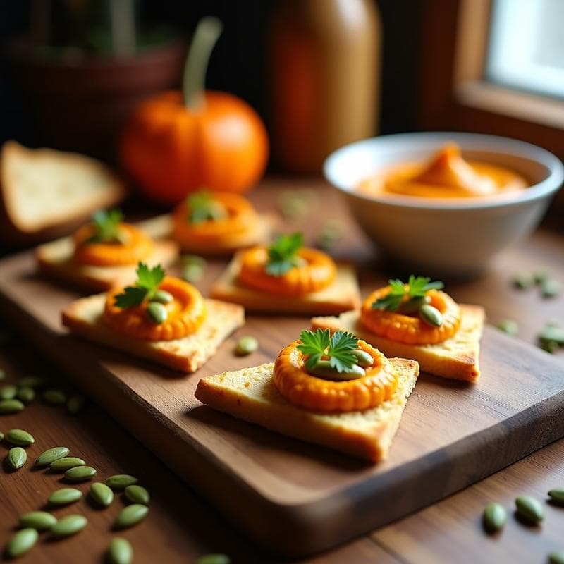Canapés de Pan de Pita con Hummus de Calabaza y Semillas de Calabaza: Aperitivo Otoñal en 10 Minutos