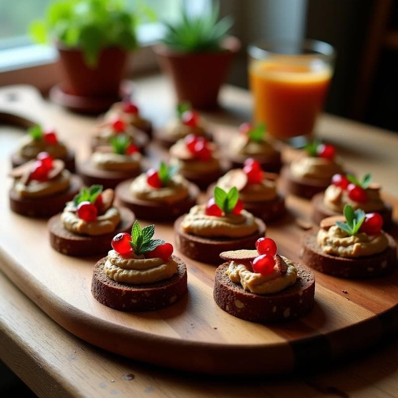 Canapés de Pan de Pumpernickel con Paté de Berenjena y Granada: Aperitivo Alemán Vegano