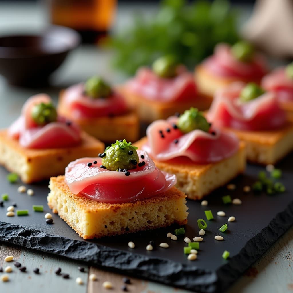 Canapés de Pan de Quinoa con Tataki de Atún y Wasabi: Aperitivo Japonés Gourmet