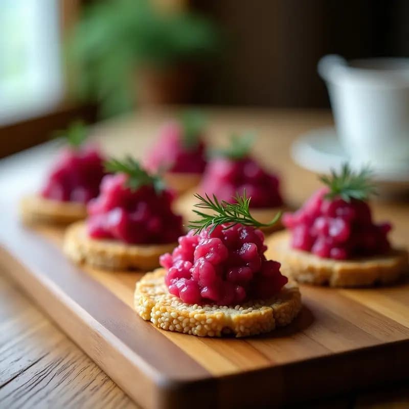 Canapés de Pan de Semillas de Lino con Tartar de Remolacha y Mostaza de Dijon: Aperitivo Francés Keto