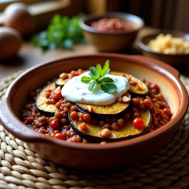 Cancan Musaka de Berenjena y Carne Picada de Lentejas: Receta Albanesa Vegana