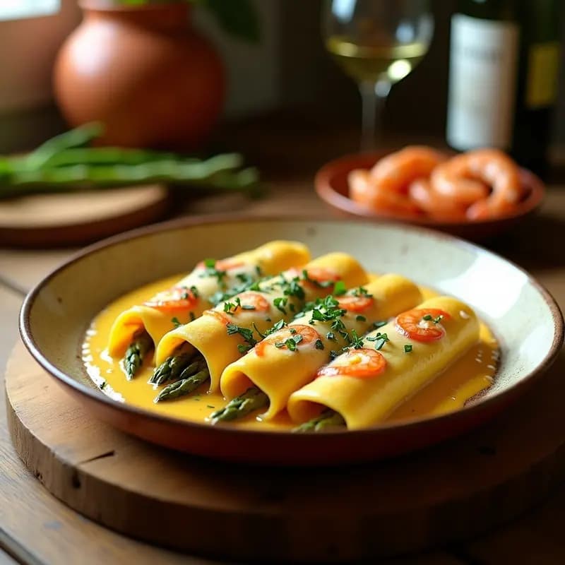 Canelones de Espárragos y Gambas con Salsa de Azafrán: Receta Catalana de Primavera