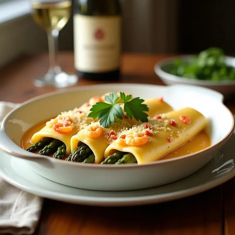 Canelones de Espárragos y Gambas con Salsa de Brandada de Bacalao: Receta Española Gourmet