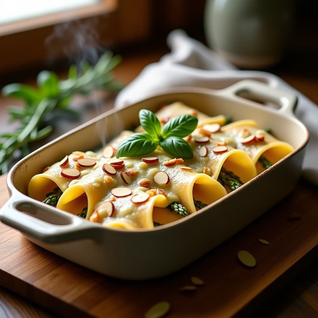 Canelones de Espárragos y Queso de Cabra con Bechamel de Almendras: Receta Italiana Sin Lactosa