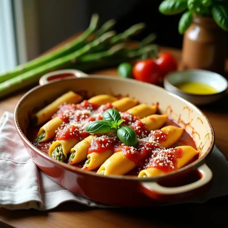 Canelones de Esparrágos y Queso de Cúrcuma: Pasta Italiana Sin Gluten con Salsa de Tomate Casera