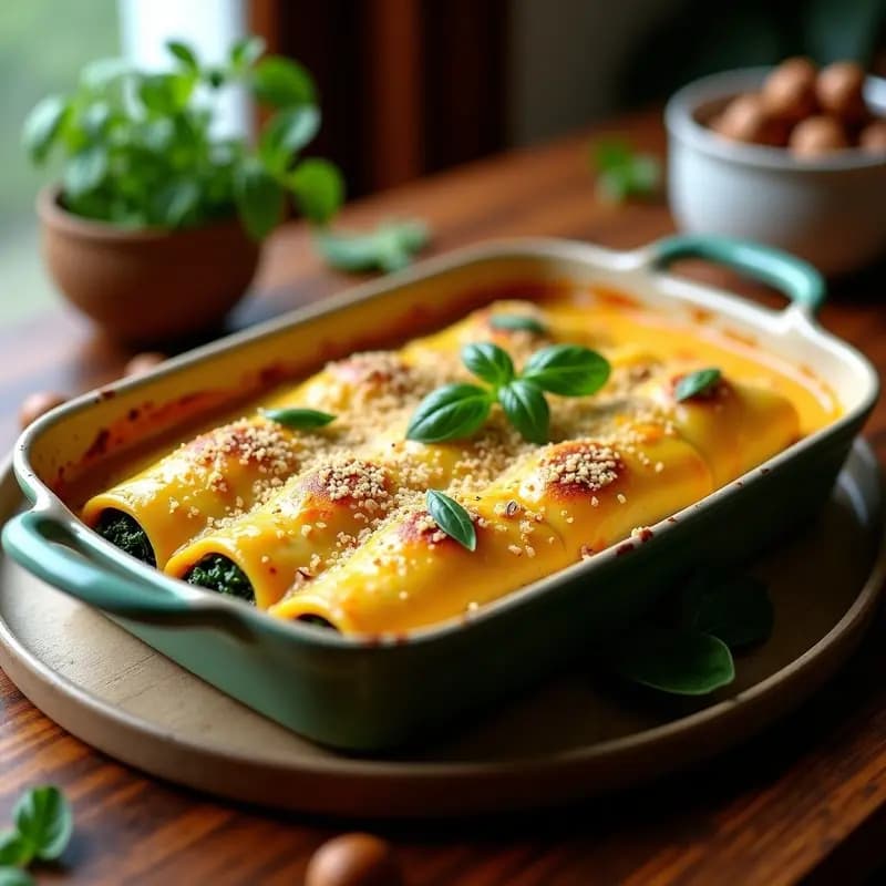 Canelones de Espinaca y Queso de Cúrcuma: Receta Italiana Vegana con Salsa Bechamel de Avellanas