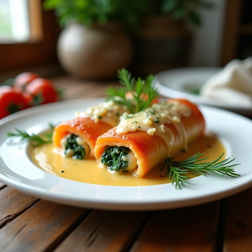 Canelones de Salmón Ahumado y Espinacas: Receta Francesa en Thermomix con Salsa de Eneldo
