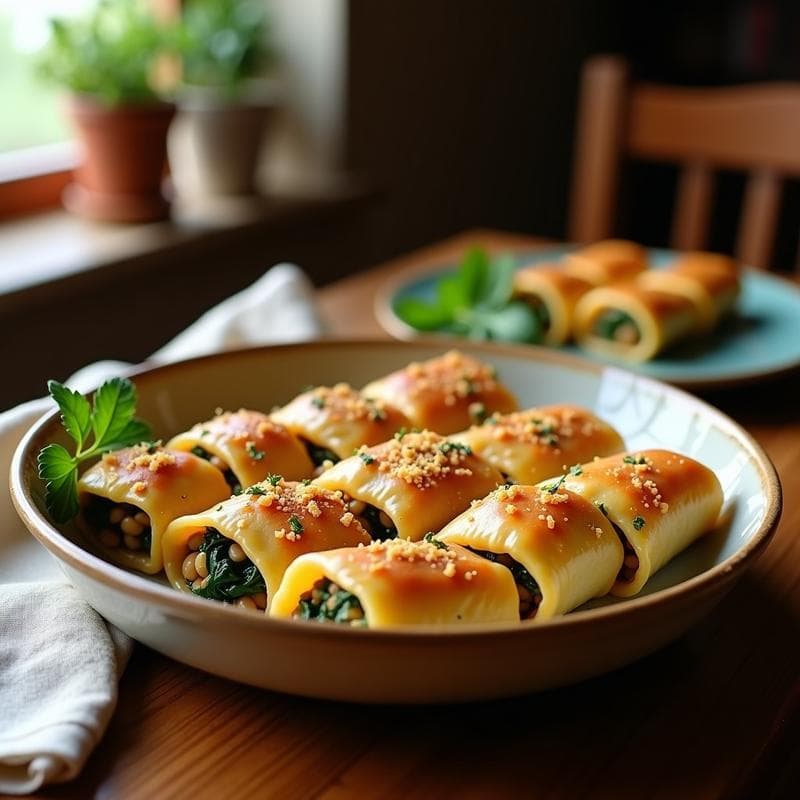 Canelonis de Lentejas Rojas y Espinacas: Receta Vegana con Salsa de Anacardos y Nuez Moscada