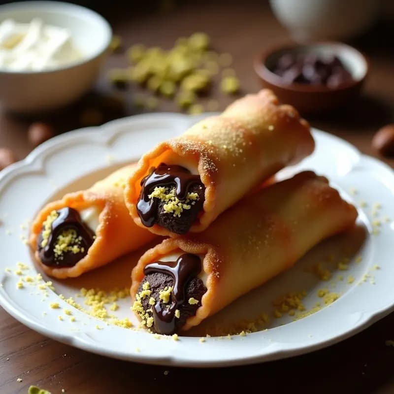 Canoli Sicilianos Rellenos de Ricotta y Chocolate Negro: Postre Italiano Crujiente y Cremoso