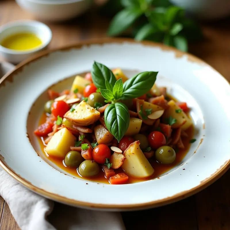 Caponata Siciliana con Alcachofas y Aceitunas Verdes: Entrante Italiano Sin Cocción