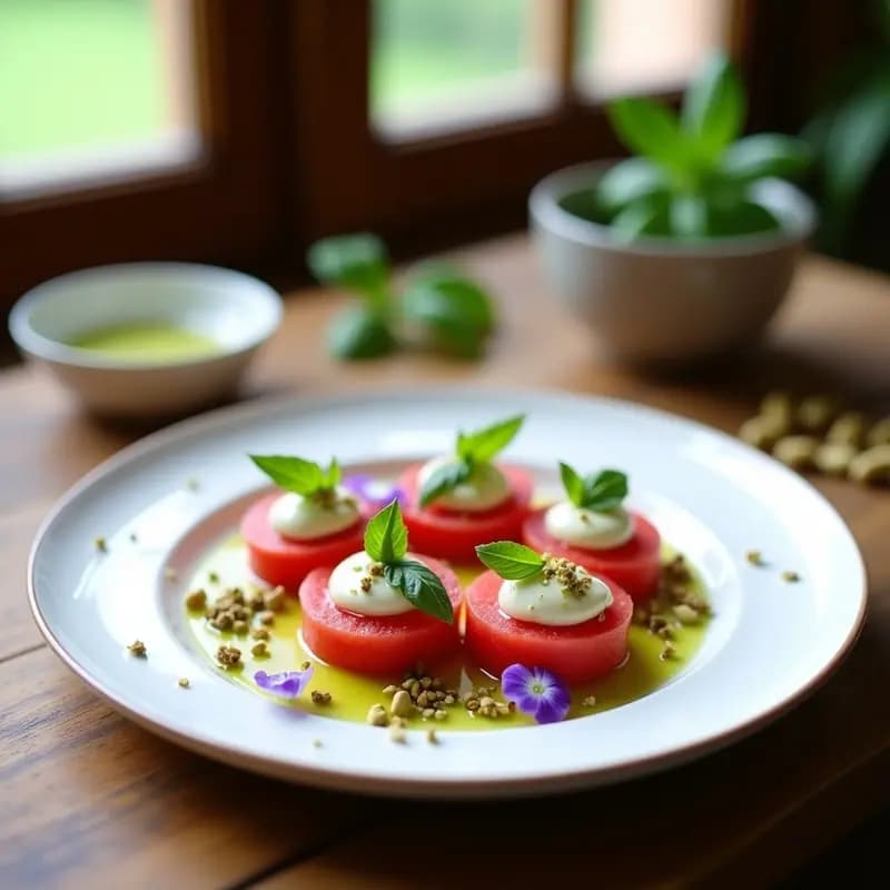 Cqaprese de Sandía y Queso de Almendras con Vinagreta de Albahaca: Aperitivo Italiano Vegano