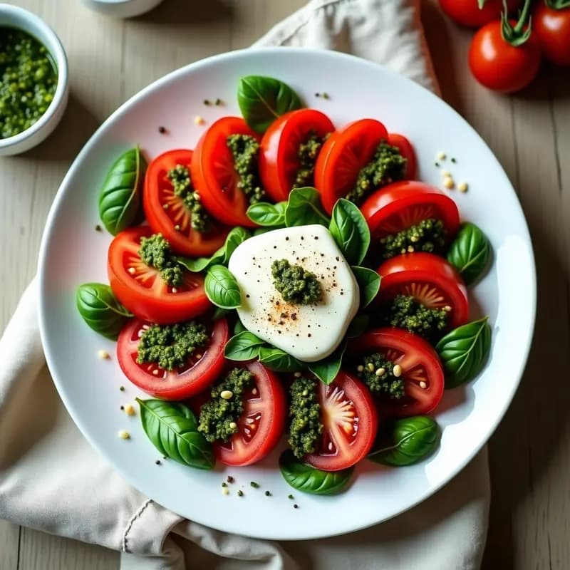 Ensalada caprese italiana con tomates ancestrales, burrata y pesto de albahaca negra