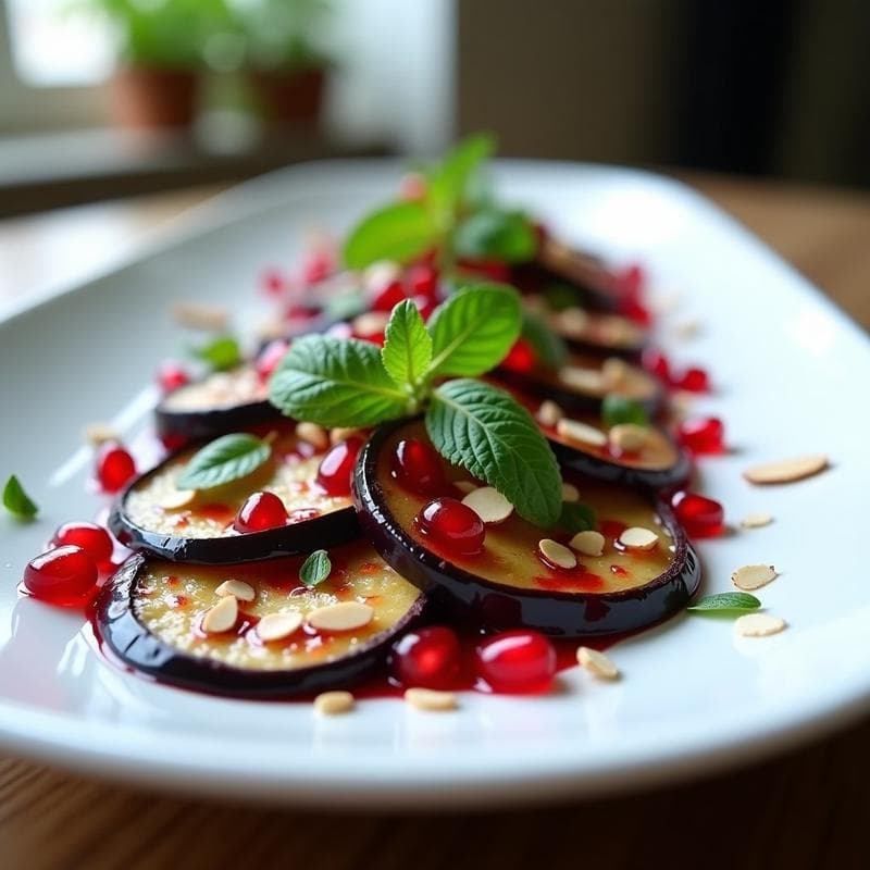 Carpaccio de Berenjena con Vinagreta de Granado y Menta: Receta Vegana y Sin Cocción