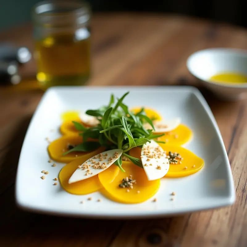 Carpaccio de Remolacha Amarilla con Queso de Cashews y Rúcula: Entrante Vegano con Toque Gourmet