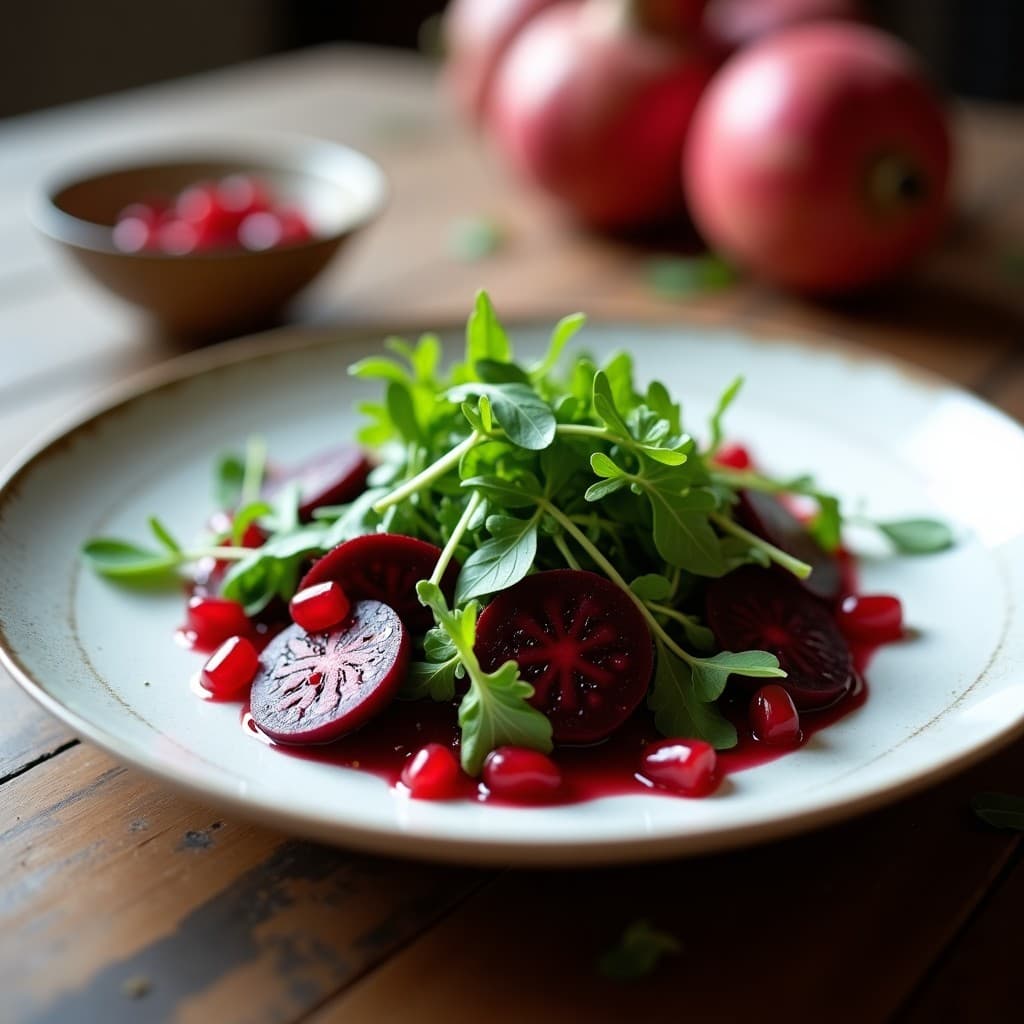 Carpaccio de Remolacha y Ruccula con Vinagreta de Granado y Pistacho: Entrante Italiano Vegano y Crudivegano
